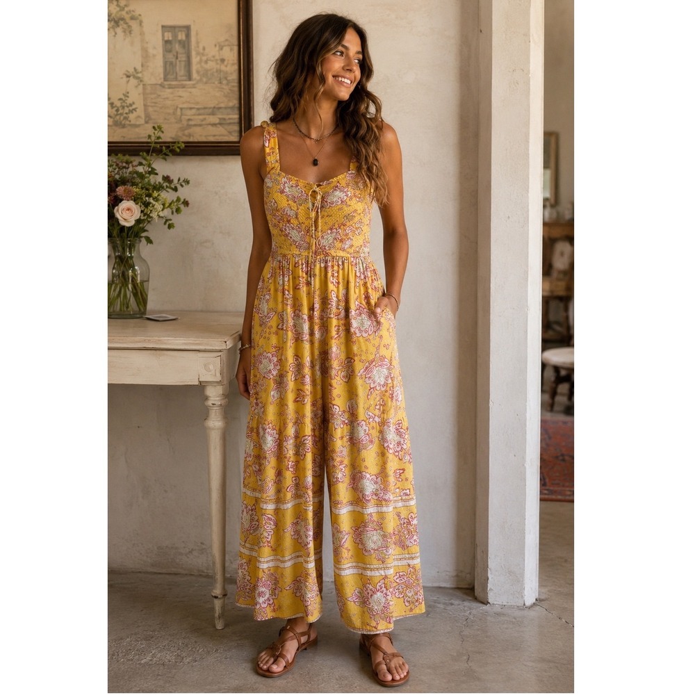 Free People Little of Your‎ Love Jumpsuit Marigold Smocked Wide Leg Sz S Boho